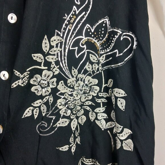 Usindo Womens Sequin Beaded Floral Tunic Shirt Small Black White Colorblock Asym - Picture 4 of 12